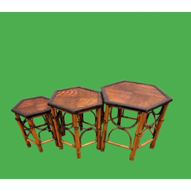 Vintage burnt bamboo & rattan nesting tables, the perfect coffee table all together or individual side table when needed....