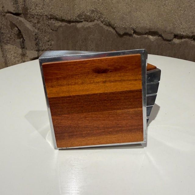2010s Nambé Twist Coaster Set Lou Henry Acasia Wood Aluminum Post Modern For Sale - Image 5 of 9