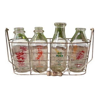 Set of 5, Vintage Milk Bottles and Holder for Flowers/Display For Sale