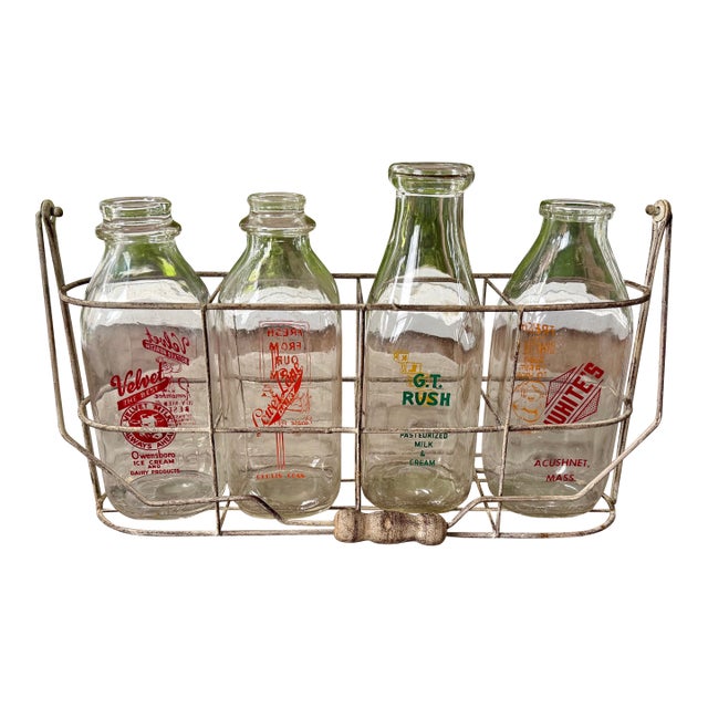 Set of 5, Vintage Milk Bottles and Holder for Flowers/Display For Sale