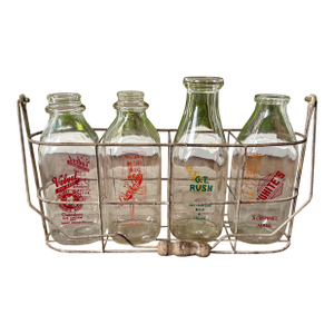 Set of 5, Vintage Milk Bottles and Holder for Flowers/Display