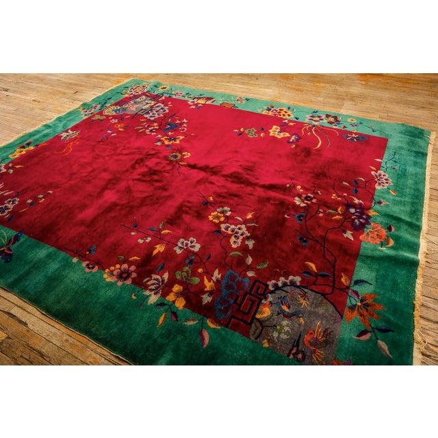Art Deco 1920s Antique Red Bold Open Field Floral Modern Knotted Wool Chinese Art Deco Rug For Sale - Image 3 of 11