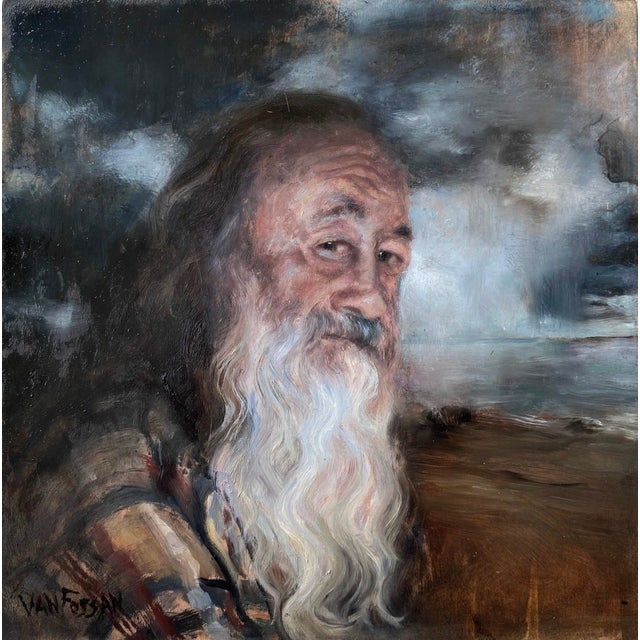 Calling by James Van Fossan | Oil and Charcoal on Cradled Panel Portrait of a Bearded Man For Sale