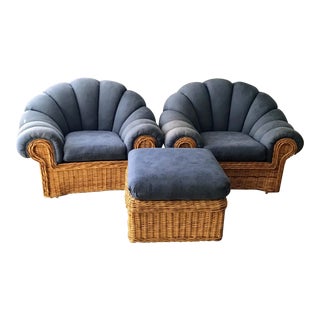 1980s Vintage Wicker Chairs and Ottoman For Sale