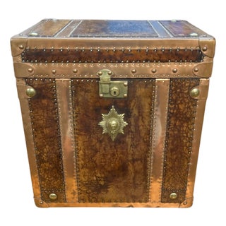 Vintage Campaign Luggage Trunk Leather Side Table For Sale