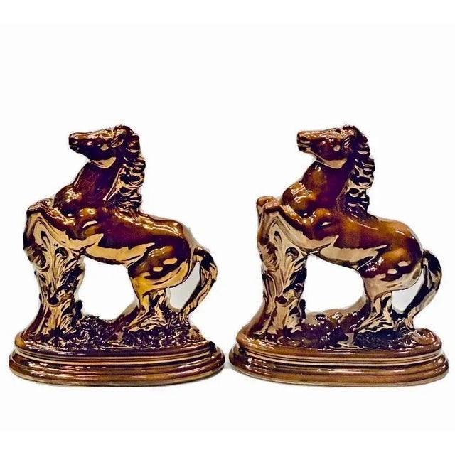Antique Staffordshire Copper Luster Rearing Stallion Mantle Figurines, Circa 1910 For Sale - Image 9 of 11