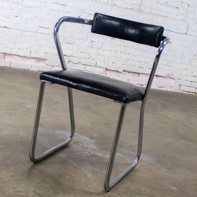1920-1930’s Art Deco Streamline Moderne Side Chair Black Vinyl & Chrome Manner of Gilbert Rohde For Sale - Image 9 of 18