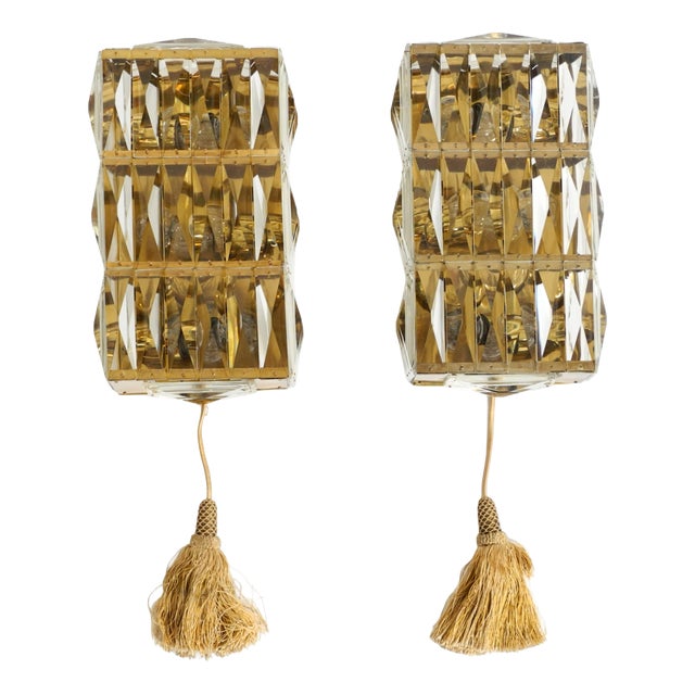 Vintage Brass Wall Lamps with Crystal Shades by Bakalowits & Söhne, 1960s, Set of 2 For Sale