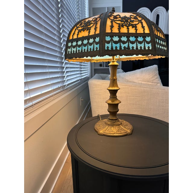 Antique n.w. Art Shade Co. Slag Glass Table Lamp For Sale - Image 14 of 17