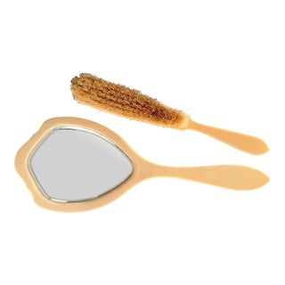 Antique Art Deco Vanity Set – 1920s Yellow Celluloid Mirror & Brush, La Coquette For Sale