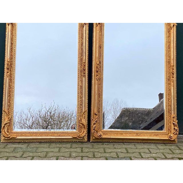 French Late20C French Artisan Louis XVI Gold Wood Floor Mirror-Pair For Sale - Image 3 of 16