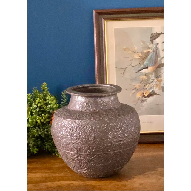 Metal Antique Repoussé Silver-Plated Copper Vase, Likely Indian, Early 20th Century For Sale - Image 7 of 17