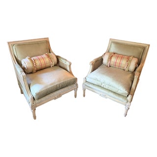 Mid 20th Century Rare Pair Louis XVI French Style Carved Bergere Chairs With Cane Sides For Sale