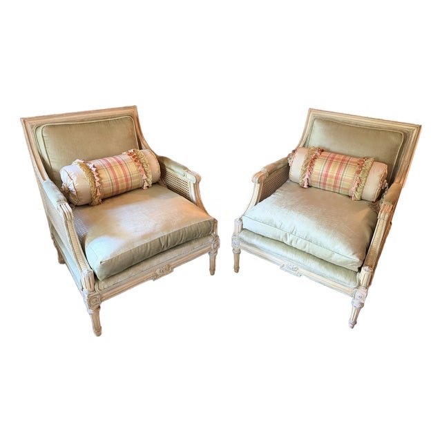 Mid 20th Century Rare Pair Louis XVI French Style Carved Bergere Chairs With Cane Sides For Sale