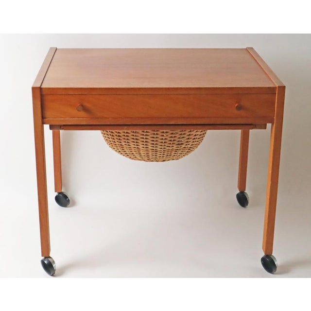 Sewing Side Table with Rattan Basket, Denmark, 1950s For Sale - Image 3 of 13