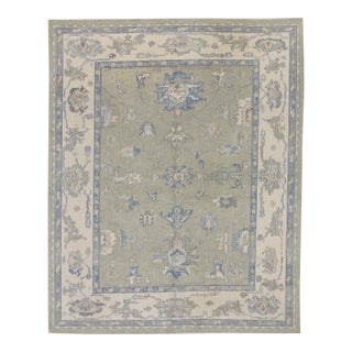 Turkish Oushak Rug Olive Green & Soft Blue Handwoven Wool Rug 7'9" X 10'1" For Sale