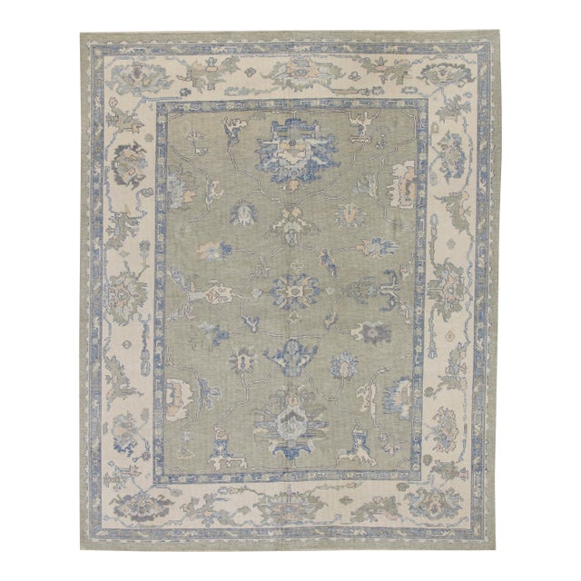 Turkish Oushak Rug Olive Green & Soft Blue Handwoven Wool Rug 7'9" X 10'1" For Sale