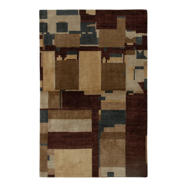 Hand-Knotted Art Deco Rug Beige Brown Blue Cubist Pattern by Rug & Kilim For Sale
