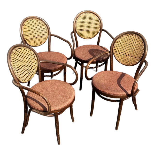 1950s Radomsko Cane Back Bentwood Dining Arm Chairs Set of Four For Sale