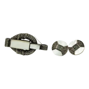Art Deco Style Marcasite Mother of Pearl Sterling Silver Brooch Earrings Suite - 3 Pieces