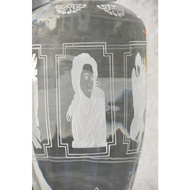 Pair of Large and Heavy Italian Solid Clear Crystal Candlesticks With Etched Art For Sale - Image 11 of 13