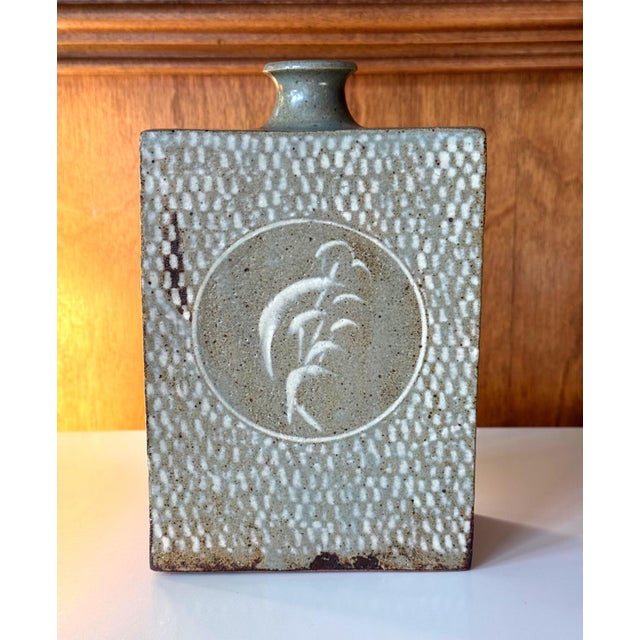 A handsome Japanese ceramic stoneware vase in rectangular form by Tatsuzo Shimaoka (1919-2007), an important member in...