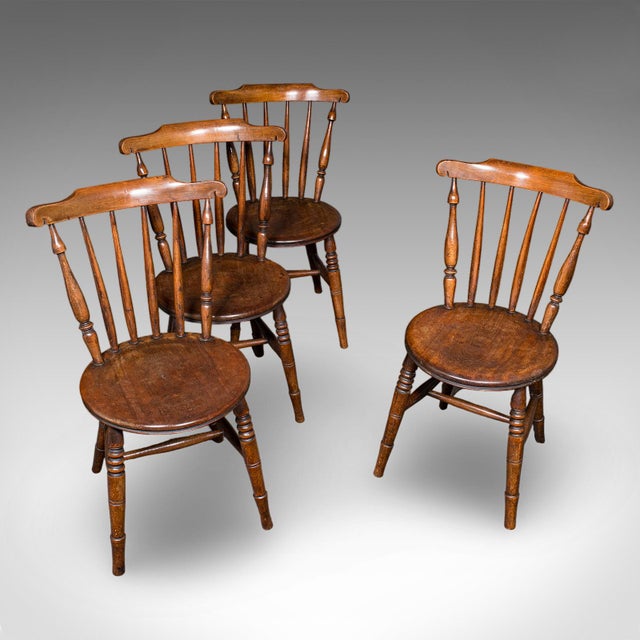Set of 4 Antique Station Chairs, English Beech Dining Seat, Reception, Edwardian For Sale - Image 6 of 12