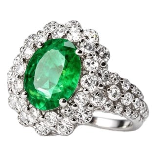 Mid 20th Century 18k White Gold Solitaire Emerald Diamond Engagement Ring Estate, Size 7 For Sale