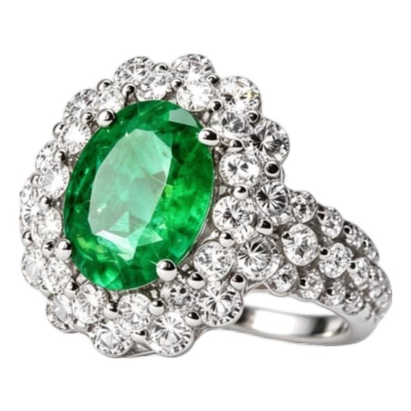 Mid 20th Century 18k White Gold Solitaire Emerald Diamond Engagement Ring Estate, Size 7 For Sale