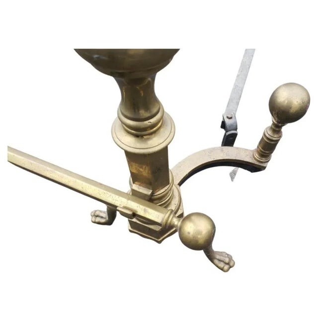 American Vintage Solid Brass Andirons With Eagle Claw Feet and Roll Bar, Circa 1920s For Sale - Image 3 of 8