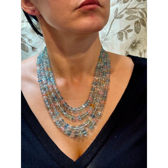 1000 Carat Natural Fine Aquamarine Bead Necklace, Four Strand in Metal Clasp For Sale - Image 13 of 18
