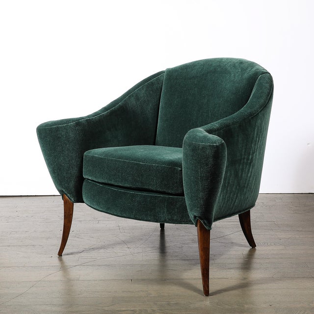 Art Deco Scroll Form Lounge Chair W/ Walnut Supports in Viridian Velvet Mohair For Sale - Image 4 of 18