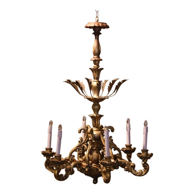 Early 20th Century French Rococo Carved Giltwood Six-Light Chandelier For Sale
