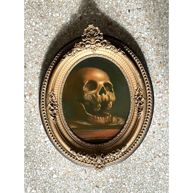 Vintage Skull Oil Painting in Ornate Frame For Sale - Image 11 of 12