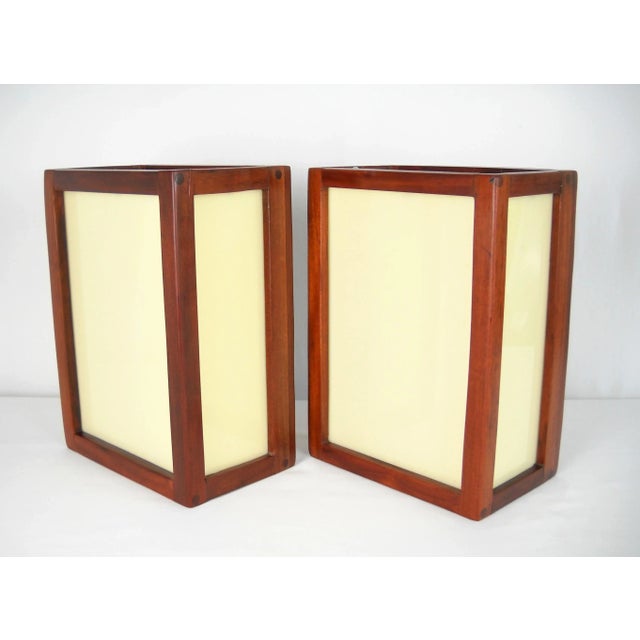 Vintage Mid-Century hand-crafted African Teak wall sconces, pair. Newly rewired for US with pull-chain switch. Drilled...