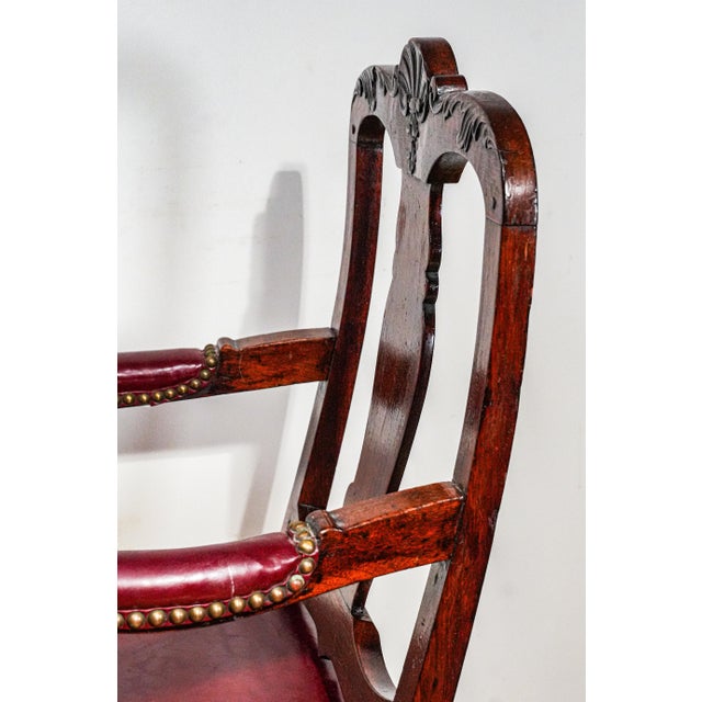 Beautiful English Antique Carved Wood Walnut Desk Arm Chair Leather Seat For Sale - Image 11 of 18