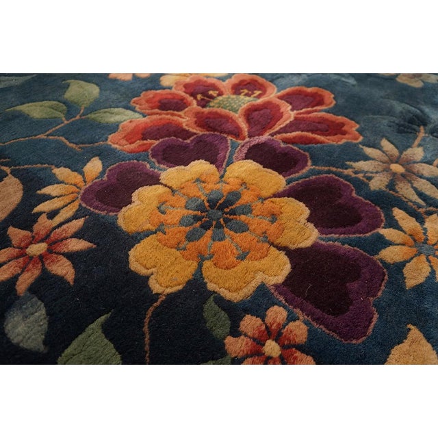 1930s Royal Blue Solid Floral Modernist Antique Chinese Art Deco Gallery Rug For Sale - Image 11 of 12
