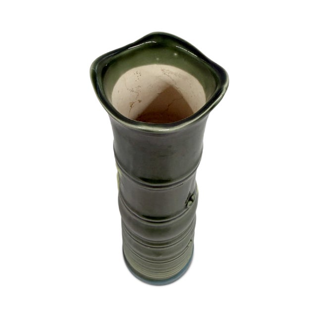 Mid-Century Modern Vintage Late 20th Century Majolica Green & Blue Ceramic Bamboo Tree Vase For Sale - Image 3 of 4