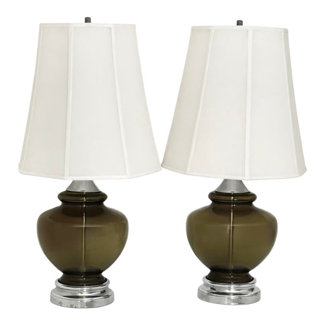 1960s Oversized Pair of Smoke Olive Glass Table Lamps With Tailored White Shades For Sale