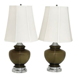 1960s Oversized Pair of Smoke Olive Glass Table Lamps With Tailored White Shades — Mid-Century Modern For Sale