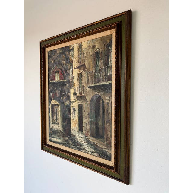 Rustic European Vintage Rustic European Street Scene Oil Painting on Canvas – Framed For Sale - Image 3 of 13
