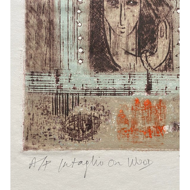 1985 modern mixed media woodcut and etching, illegibly signed, titled "Ballad of the Ruins," and marked as an artist's proof.