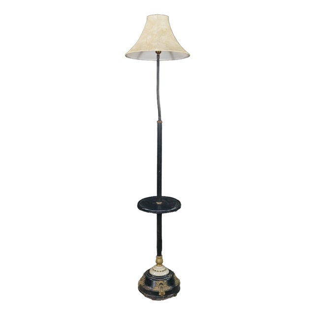 Vintage Art Deco Gooseneck Floor Lamp Drink Tray Smoke Stand Faux Onyx Base For Sale