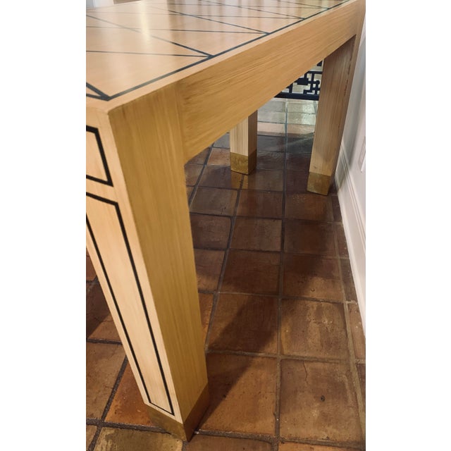 1980s Vintage Mid-Century Modern Rectangular Wood Parsons Style Custom Console/Desk With Geometric Painted Design in Black, Circa 1980s For Sale - Image 5 of 12