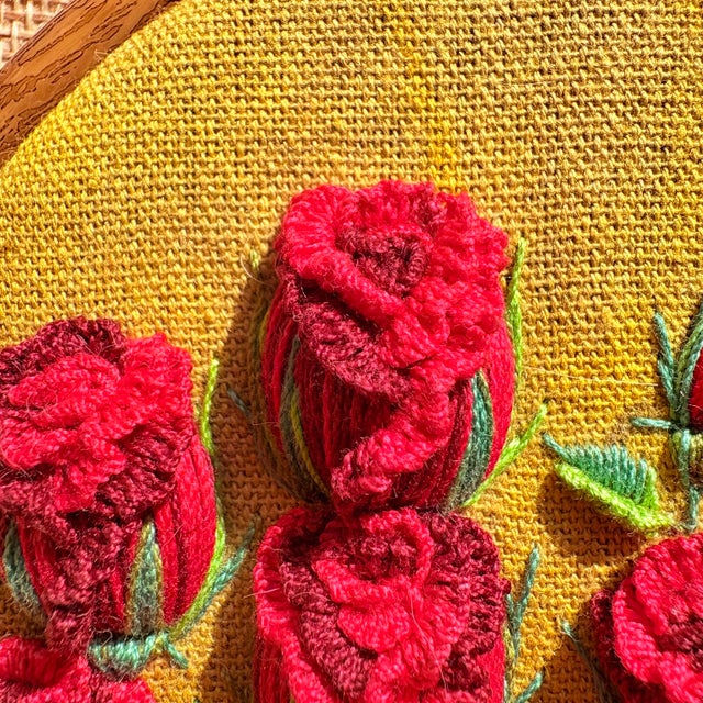 Art Deco Framed 3d Stumpwork Textile Wall Art - Vintage Botanical Red Roses on Yellow For Sale - Image 3 of 16