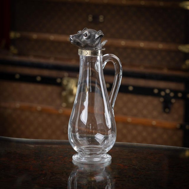 Antique 19th century victorian solid silver and blown glass claret jug, designed with a whippet head as the hinged lid....
