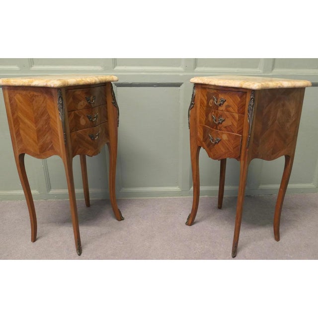French Marquetry and Marble Bombe Shaped Bedside Tables, Set of 2 For Sale - Image 5 of 8