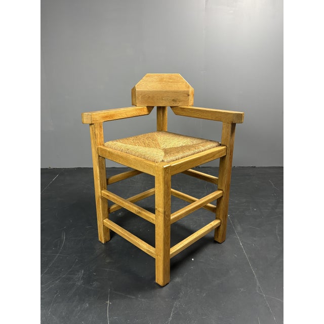 Postmodern Brutalist Dutch Oak Corner Chair with Rush Seat, 1970s For Sale - Image 16 of 18