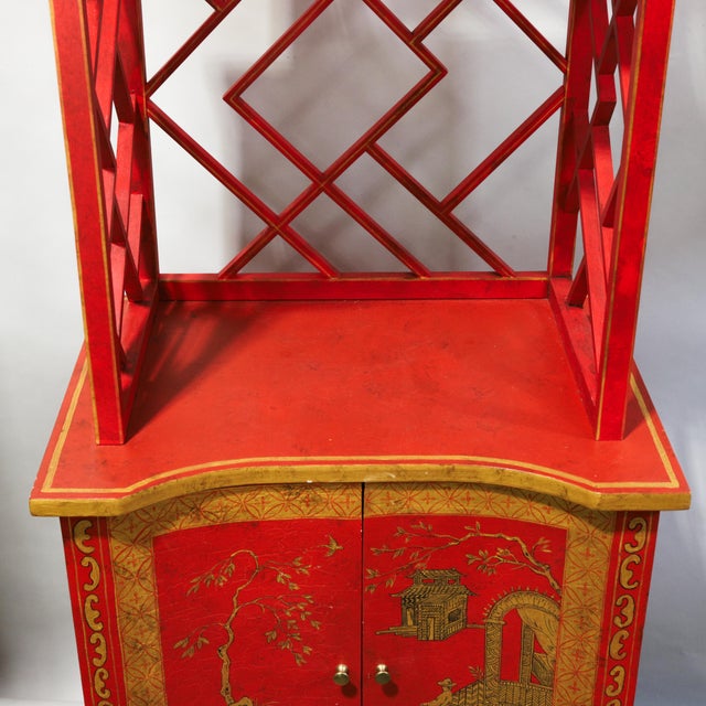 Vintage Chinoiserie Red Lacquer Duchess of Windsor Style Pagoda Etagere Cabinet For Sale - Image 14 of 18
