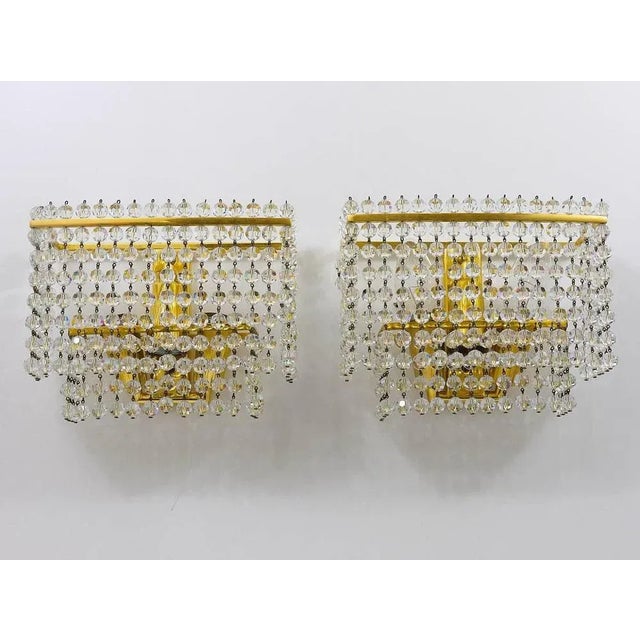 Square Gold-Plated Brass Sconces with Hand-Cut Crystals from Lobmeyr, 1970s, Set of 2 For Sale - Image 3 of 11